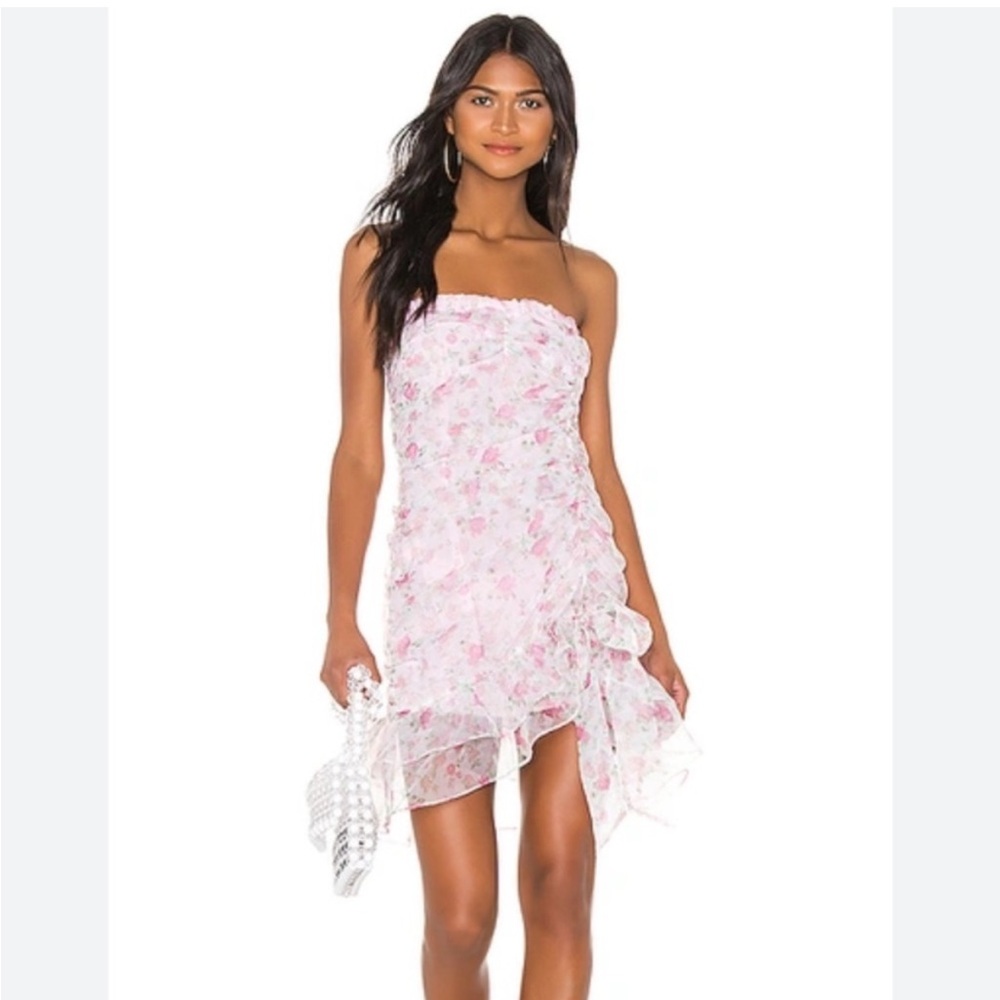 For Love & Lemons Floral Rose Organza Ruffled Strapless Mini Dress‎
